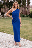 Royal Blue Sheath One Shoulder Ruched Long Wedding Guest Dress