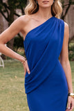 Royal Blue Sheath One Shoulder Ruched Long Wedding Guest Dress