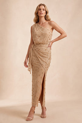 Sparkly Champagne Sheath Floral Beaded Ruched Long Wedding Guest Dress with Slit