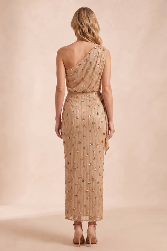 Sparkly Champagne Sheath Floral Beaded Long Wedding Guest Dress with Slit