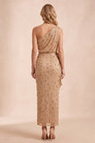 Sparkly Champagne Sheath Floral Beaded Ruched Long Wedding Guest Dress with Slit