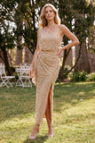 Sparkly Champagne Sheath Floral Beaded Ruched Long Wedding Guest Dress with Slit