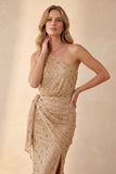 Sparkly Champagne Sheath Floral Beaded Ruched Long Wedding Guest Dress with Slit