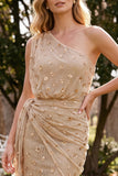 Sparkly Champagne Sheath Floral Beaded Ruched Long Wedding Guest Dress with Slit