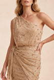 Sparkly Champagne Sheath Floral Beaded Ruched Long Wedding Guest Dress with Slit