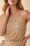 Sparkly Champagne Sheath Floral Beaded Ruched Long Wedding Guest Dress with Slit