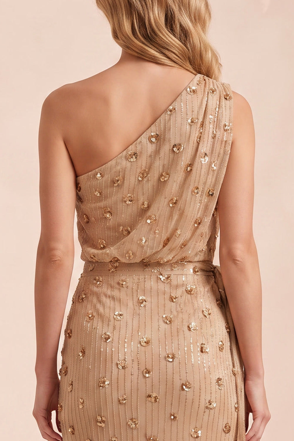 Sparkly Champagne Sheath Floral Beaded Ruched Long Wedding Guest Dress with Slit
