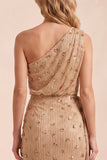 Sparkly Champagne Sheath Floral Beaded Ruched Long Wedding Guest Dress with Slit