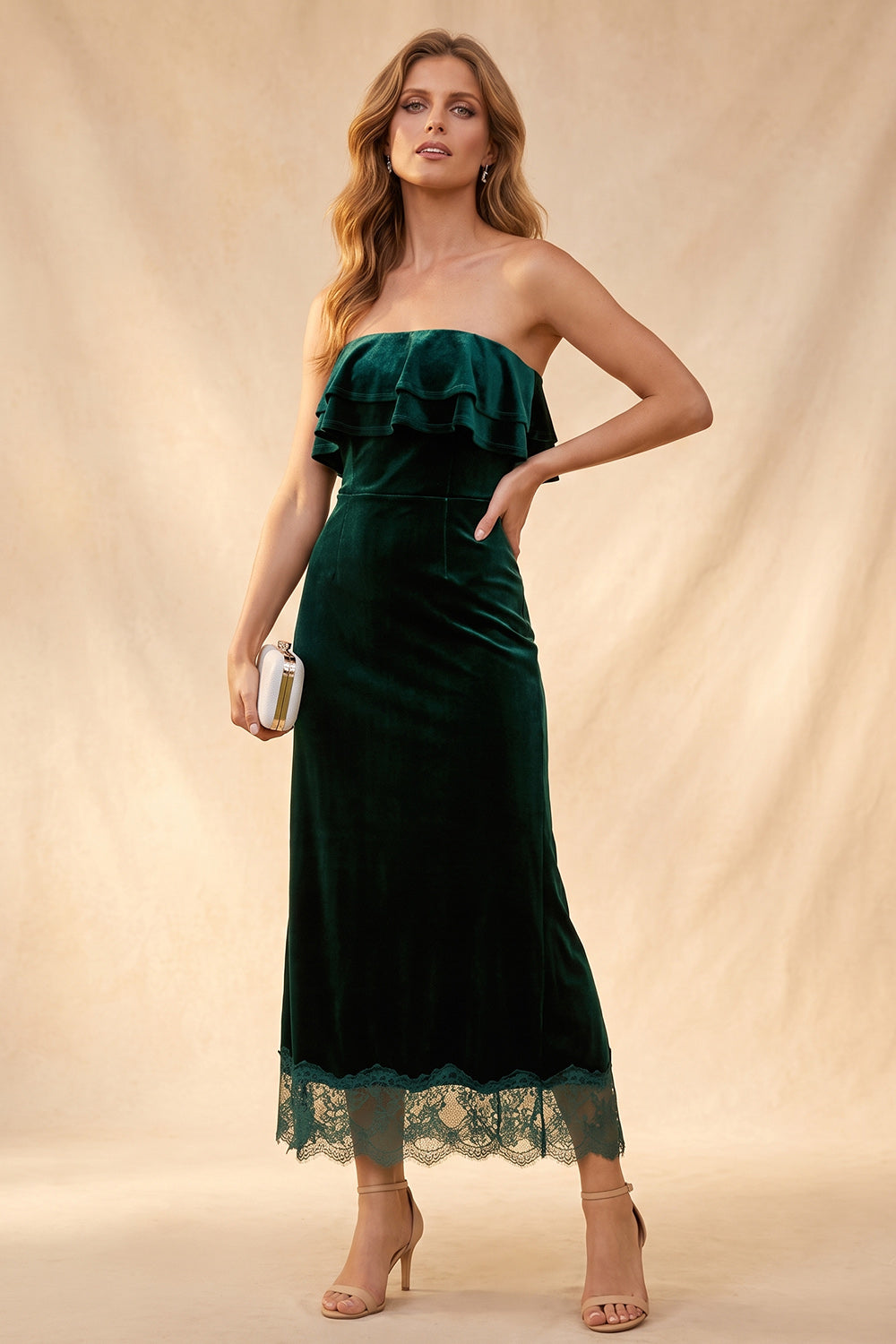 Dark Green Tiered Ruffled Sheath Long Velvet Wedding Guest Dress with Lace
