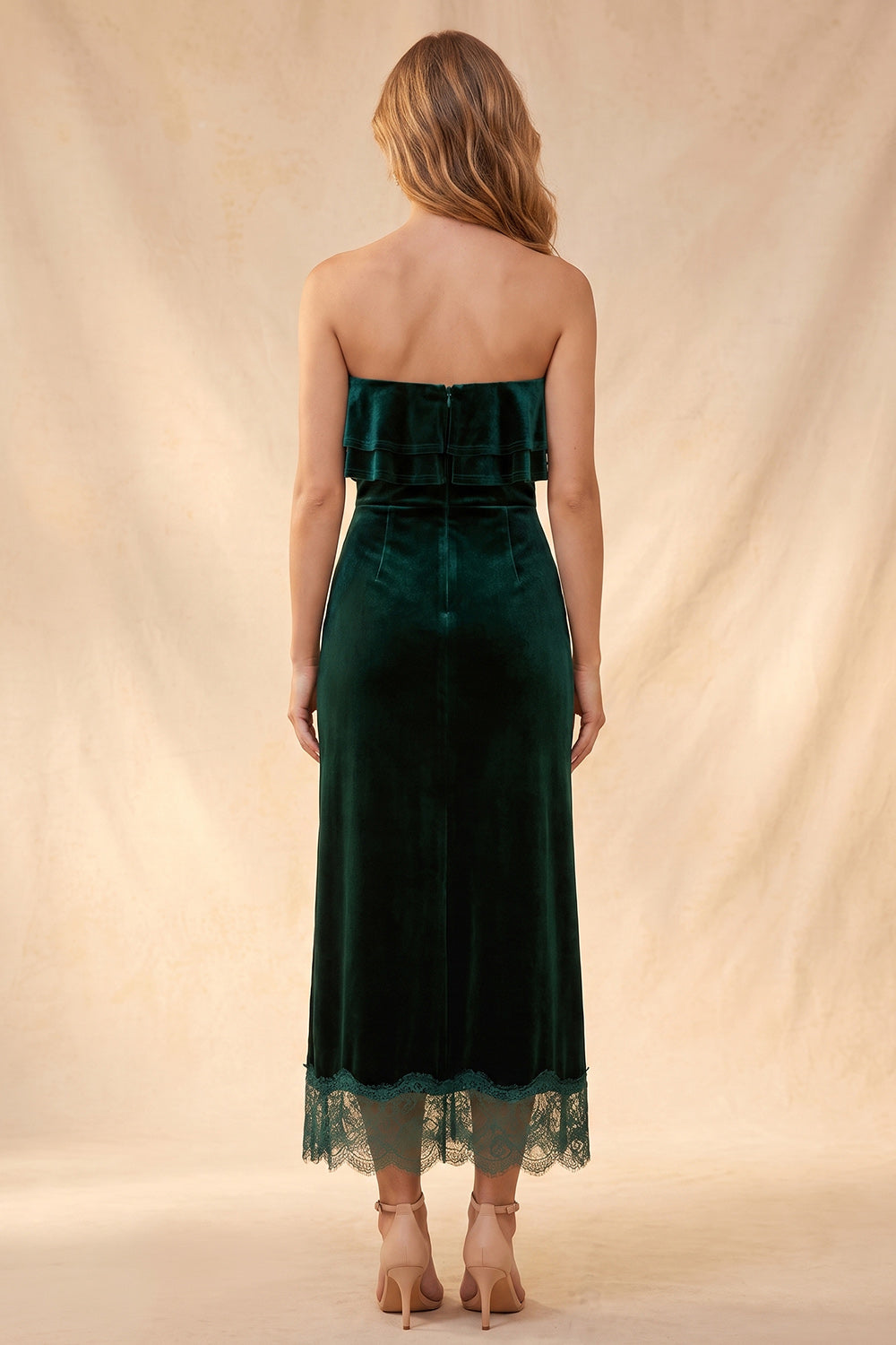 Dark Green Tiered Ruffled Sheath Long Velvet Wedding Guest Dress with Lace