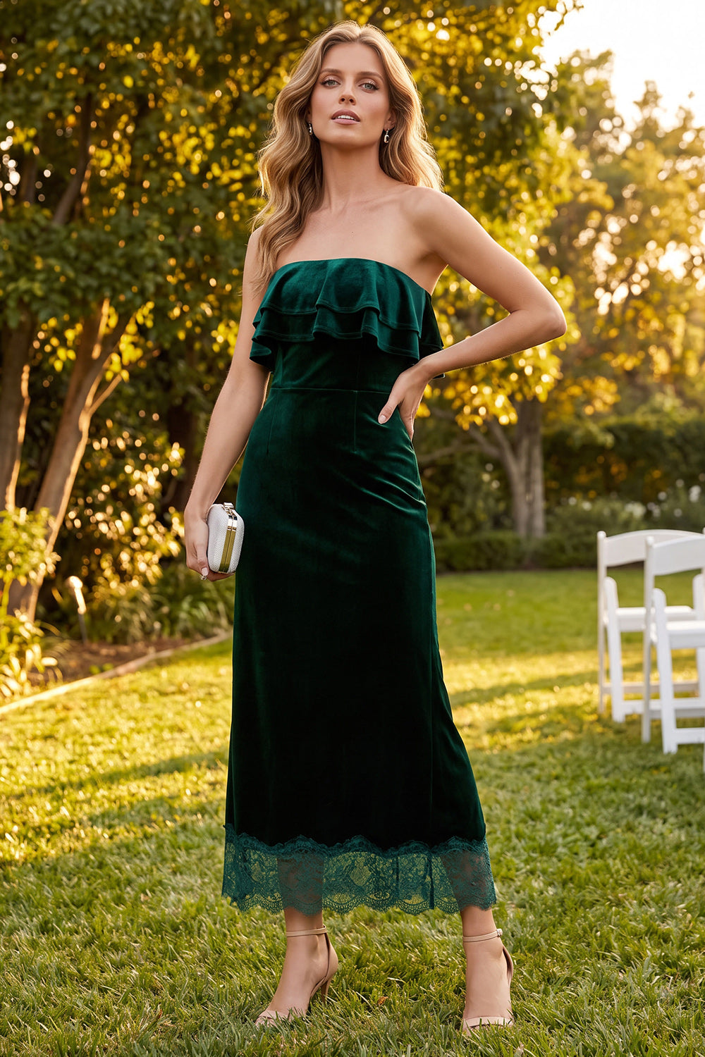 Dark Green Tiered Ruffled Sheath Long Velvet Wedding Guest Dress with Lace