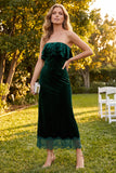 Dark Green Tiered Ruffled Sheath Long Velvet Wedding Guest Dress with Lace