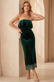 Dark Green Tiered Ruffled Sheath Long Velvet Wedding Guest Dress with Lace