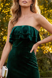 Dark Green Tiered Ruffled Sheath Long Velvet Wedding Guest Dress with Lace