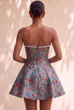 Light Green Strapless Jacquard Short Corset Homecoming Dress with Pearls