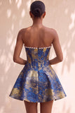 Light Green Strapless Jacquard Short Corset Homecoming Dress with Pearls