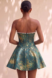 Light Green Strapless Jacquard Short Corset Homecoming Dress with Pearls