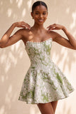 Light Green Strapless Jacquard Short Corset Homecoming Dress with Pearls