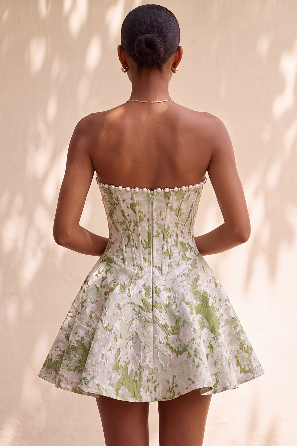 Light Green Strapless Jacquard Short Corset Homecoming Dress with Pearls