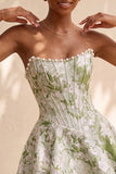 Light Green Strapless Jacquard Short Corset Homecoming Dress with Pearls