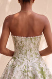 Light Green Strapless Jacquard Short Corset Homecoming Dress with Pearls