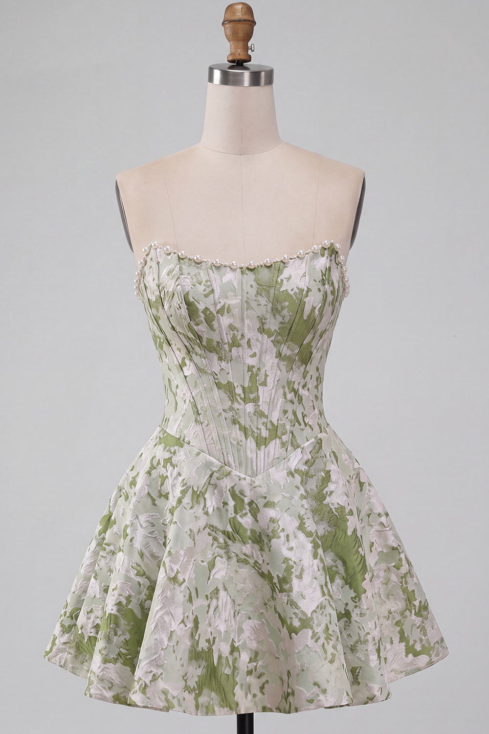 Light Green Strapless Jacquard Short Corset Homecoming Dress with Pearls
