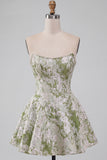 Light Green Strapless Jacquard Short Corset Homecoming Dress with Pearls