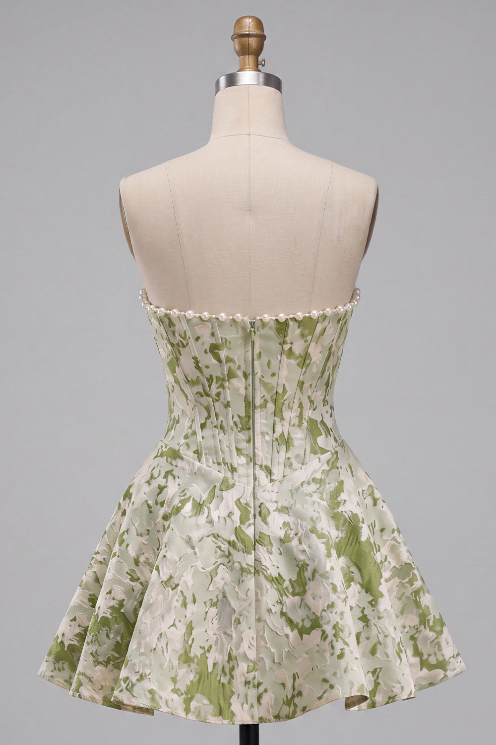 Light Green Strapless Jacquard Short Corset Homecoming Dress with Pearls