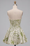 Light Green Strapless Jacquard Short Corset Homecoming Dress with Pearls