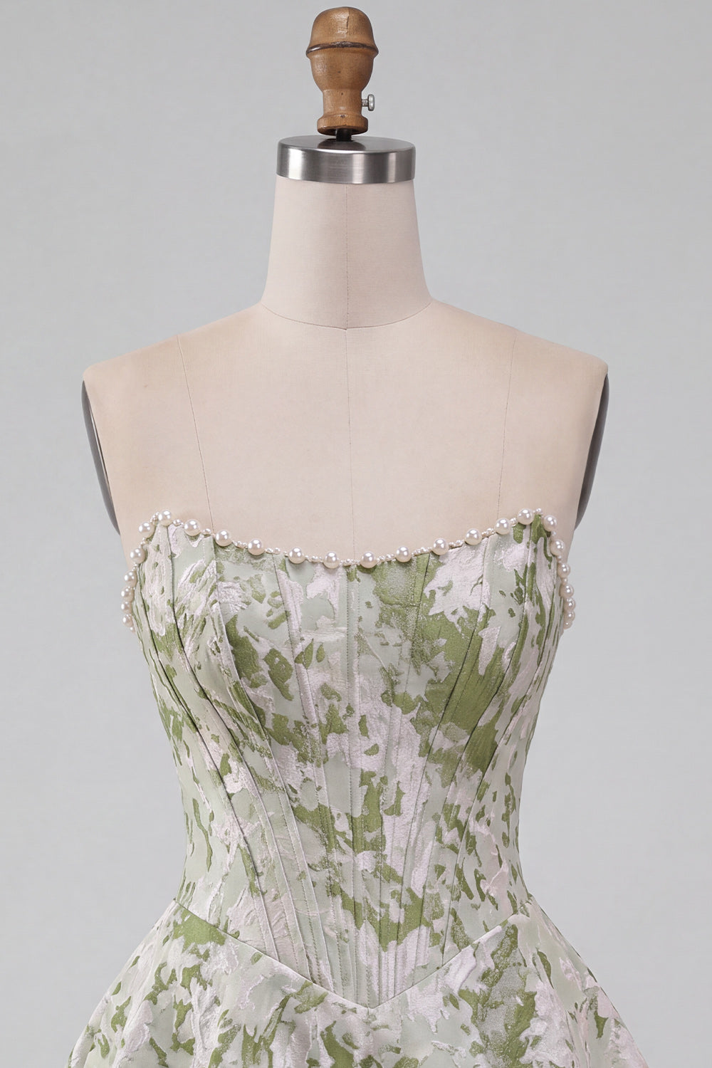 Light Green Strapless Jacquard Short Corset Homecoming Dress with Pearls