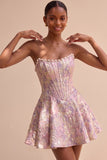 Light Green Strapless Jacquard Short Corset Homecoming Dress with Pearls
