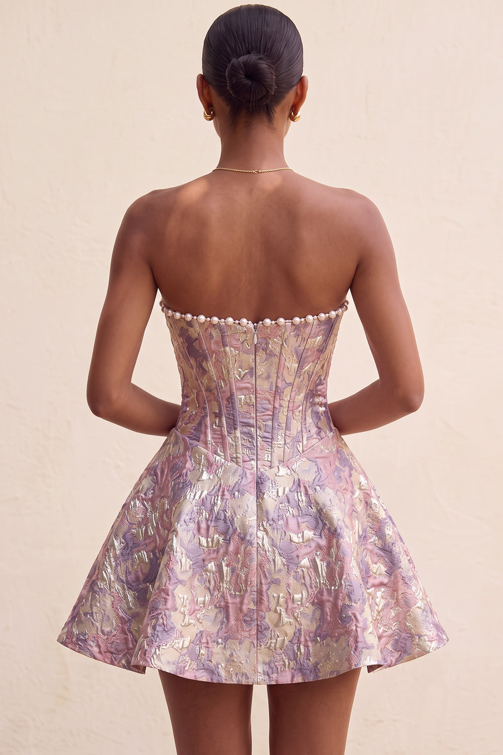 Light Green Strapless Jacquard Short Corset Homecoming Dress with Pearls