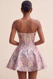 Light Green Strapless Jacquard Short Corset Homecoming Dress with Pearls