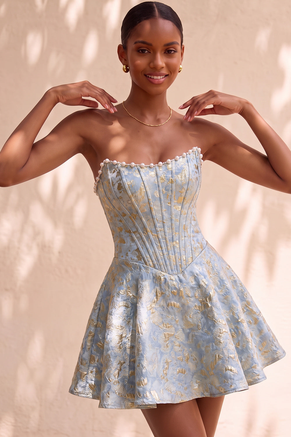 Light Green Strapless Jacquard Short Corset Homecoming Dress with Pearls