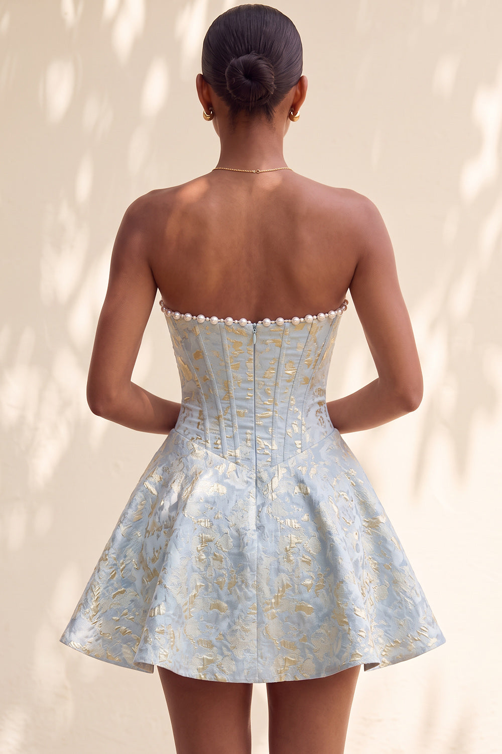 Light Green Strapless Jacquard Short Corset Homecoming Dress with Pearls