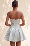Light Green Strapless Jacquard Short Corset Homecoming Dress with Pearls
