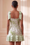 Light Green Jacquard Tight Ruffled Short Pearl Homecoming Dress with Bows