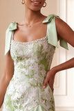Light Green Jacquard Tight Ruffled Short Pearl Homecoming Dress with Bows