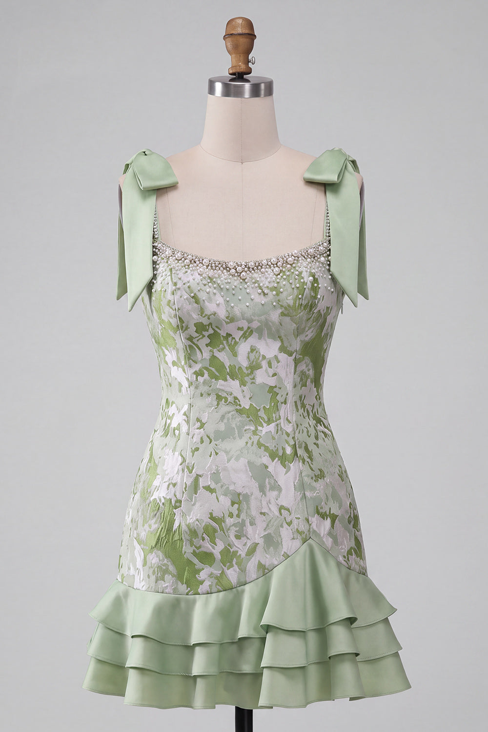 Light Green Jacquard Tight Ruffled Short Pearl Homecoming Dress with Bows