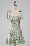 Light Green Jacquard Tight Ruffled Short Pearl Homecoming Dress with Bows