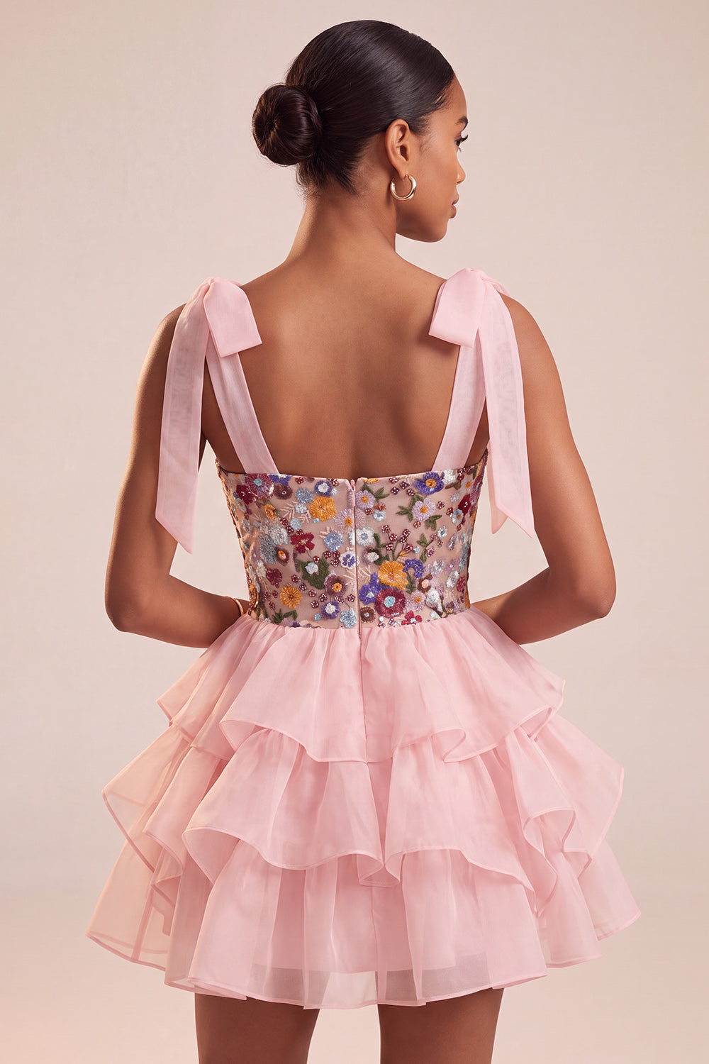 Pink A-Line Embroidered Ruffled Short Floral Homecoming Dress with Bows