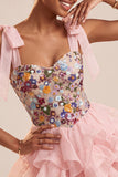 Pink A-Line Embroidered Ruffled Short Floral Homecoming Dress with Bows