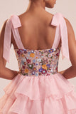 Pink A-Line Embroidered Ruffled Short Floral Homecoming Dress with Bows