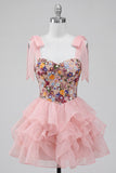 Pink A-Line Embroidered Ruffled Short Floral Homecoming Dress with Bows