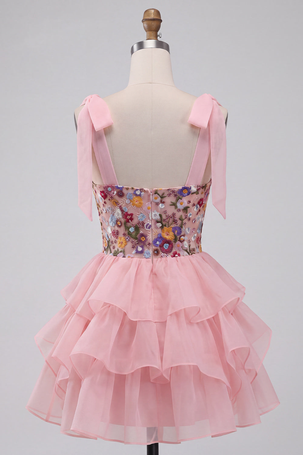 Pink A-Line Embroidered Ruffled Short Floral Homecoming Dress with Bows