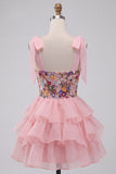 Pink A-Line Embroidered Ruffled Short Floral Homecoming Dress with Bows
