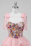 Pink A-Line Embroidered Ruffled Short Floral Homecoming Dress with Bows