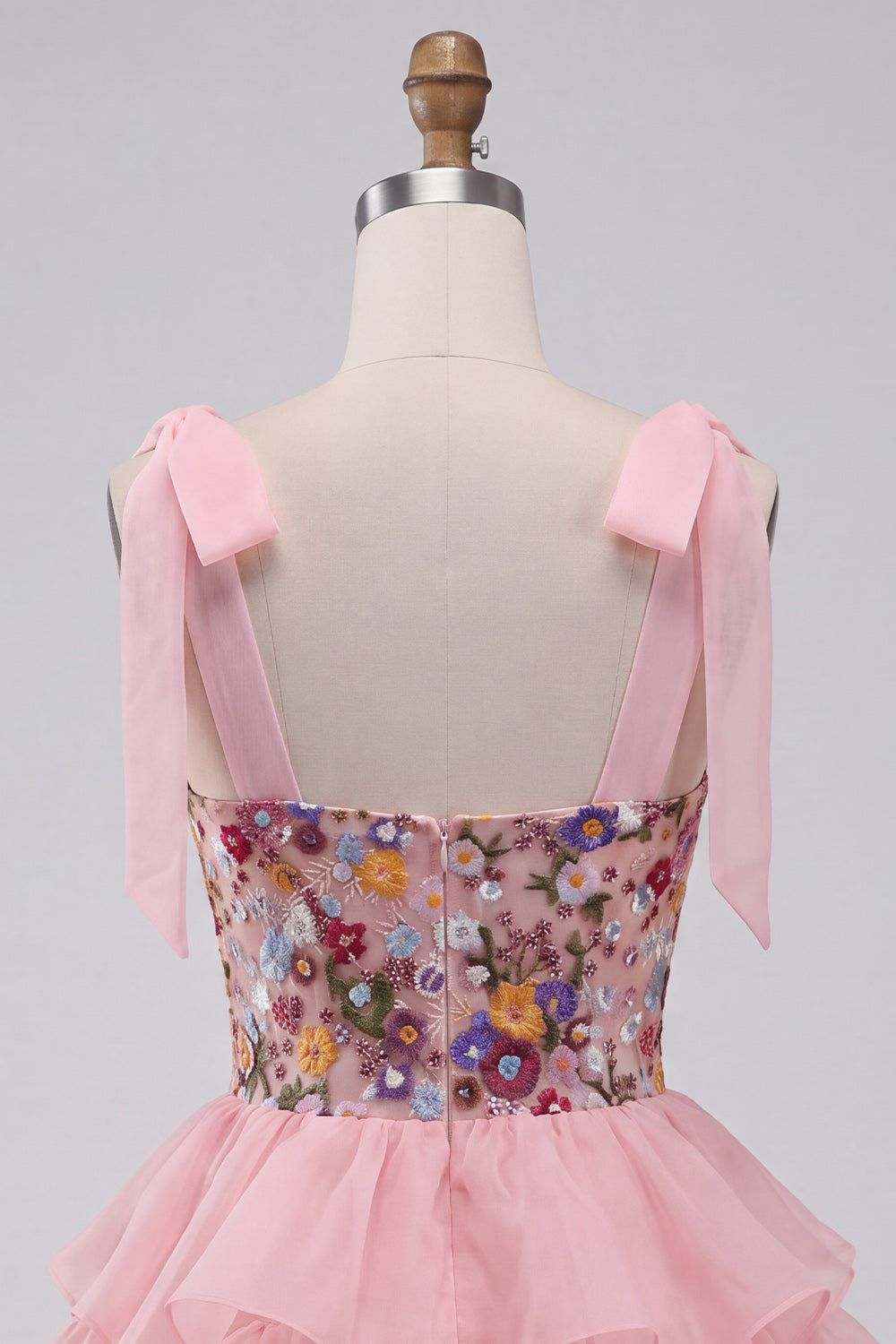 Pink A-Line Embroidered Ruffled Short Floral Homecoming Dress with Bows
