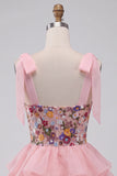 Pink A-Line Embroidered Ruffled Short Floral Homecoming Dress with Bows