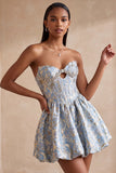 Light Blue Jacquard A Line Short Corset Homecoming Dress with Rhinestones